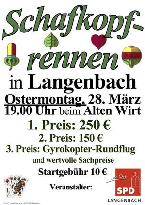 Am Ostermontag, den 28. März, findet das Schafkopfrennen der SPD Langenbach statt.